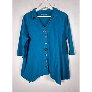 Soft Surroundings Womens Petite Large Blue Button Front 3/4 Sleeve Tunic Top